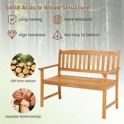 Tangkula 2-Person Outdoor Bench Patio Wooden Bench With Ergonomic Backrest & Armrests All-weather Acacia Wood Frame 43"x 22" 7 Tangkula 2-Person Outdoor Bench Patio Wooden Bench With Ergonomic Backrest & Armrests All-weather Acacia Wood Frame 43"x 22" - Image 7