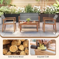 Tangkula 4-Piece Patio Furniture Set PE Rattan Patio Bistro Set With Loveseat Single Chairs & Coffee Table Outdoor Acacia Wood Conversation Set -Tangkula Shop GUEST 360f7b4b ad42 4b61 a9e0 ef2ec161e764