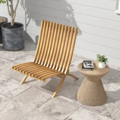 Tangkula Folding Teak Wood Outdoor Lounge Chair with Slatted Seat