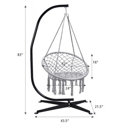 Tangkula Hammock Chair Hanging Cotton Rope Macrame Swing Chair W/ Stand Gray 1 Tangkula Hammock Chair Hanging Cotton Rope Macrame Swing Chair W/ Stand Gray