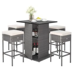 Tangkula 5PCS Wicker Bar Table Set W/ Hidden Storage Shelves Bar Table Stools Patio