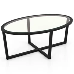 Tangkula Modern Glass Coffee Table W/ Cross Base & Acacia Wood Legs For Small Spaces -Tangkula Shop GUEST 36c172e3 c332 400f bf5c 4105473e67bd