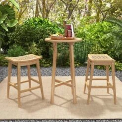 Tangkula 3 Piece Patio Bar Set Round Cocktail Table W/ 2 Rattan Saddle Stools