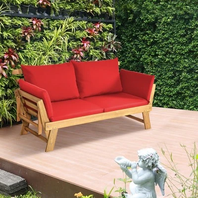 Tangkula Adjustable Patio Sofa Daybed Acacia Wood Furniture W/ Red Cushions 3 Tangkula Adjustable Patio Sofa Daybed Acacia Wood Furniture W/ Red Cushions - Image 3