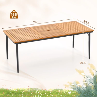 Tangkula 8-Person Outdoor Dining Table 79 Inch Acacia Wood Patio Table With Umbrella Hole Metal Legs & Adjustable Foot Pads 8 Tangkula 8-Person Outdoor Dining Table 79 Inch Acacia Wood Patio Table With Umbrella Hole Metal Legs & Adjustable Foot Pads - Image 8