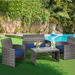 Tangkula 4-Piece Outdoor Patio Furniture Set Rattan Wicker Conversation Sofa Set Navy