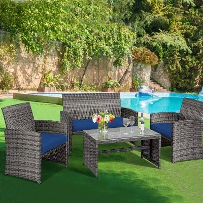 Tangkula 4-Piece Outdoor Patio Furniture Set Rattan Wicker Conversation Sofa Set Navy 1 Tangkula 4-Piece Outdoor Patio Furniture Set Rattan Wicker Conversation Sofa Set Navy