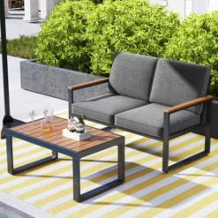 Tangkula 2 PCS Patio Aluminum Furniture Set Cushioned Sectional Sofa W/ Coffee Table