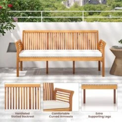 Tangkula 3 Person Outdoor Bench, 62.5" Acacia Wood Patio Sofa With Curved Armrests And Removable Seat Cushion -Tangkula Shop GUEST 382352c0 7a0a 4465 9e88 04fae8b91cb6