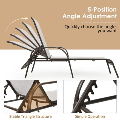 Tangkula 2-Piece Outdoor Chaise Lounge Set, Adjustable 5-Position Reclining Chairs with Armrests, Gray 5 Tangkula 2-Piece Outdoor Chaise Lounge Set, Adjustable 5-Position Reclining Chairs with Armrests, Gray - Image 5