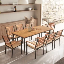 Tangkula 8-Person Outdoor Dining Table 79 Inch Acacia Wood Patio Table With Umbrella Hole Metal Legs & Adjustable Foot Pads