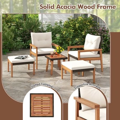 Tangkula 5 Pieces PE Rattan Patio Conversation Set Wicker Chairs With Square Coffee Table Ottomans & Soft Cushions 5 Tangkula 5 Pieces PE Rattan Patio Conversation Set Wicker Chairs With Square Coffee Table Ottomans & Soft Cushions - Image 5