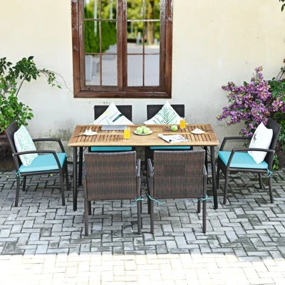 Tangkula 7-Piece Outdoor Patio Dining Set - Acacia Wood Table & Wicker Armchairs 2 Tangkula 7-Piece Outdoor Patio Dining Set - Acacia Wood Table & Wicker Armchairs - Image 2