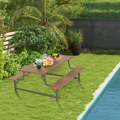 Tangkula 71" Patio Picnic Table Bench Set Outdoor Camping Table Set W/ Acacia Wood Tabletop & Seat 2" Umbrella Hole 2 Tangkula 71" Patio Picnic Table Bench Set Outdoor Camping Table Set W/ Acacia Wood Tabletop & Seat 2" Umbrella Hole - Image 2