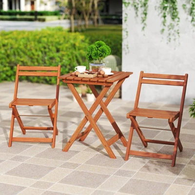 Tangkula 3-Piece Outdoor Wood Bistro Set with Folding Chairs and Dining Table 2 Tangkula 3-Piece Outdoor Wood Bistro Set with Folding Chairs and Dining Table - Image 2