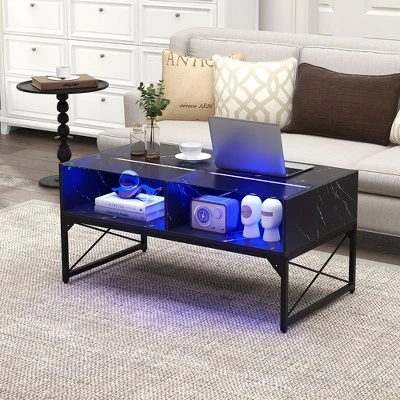 Tangkula High-gloss LED Coffee Table W/ Faux Marble & Tempered Glass Top 4 Storage Cubes 2 Tangkula High-gloss LED Coffee Table W/ Faux Marble & Tempered Glass Top 4 Storage Cubes - Image 2