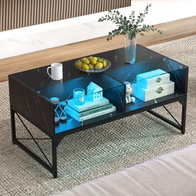 Tangkula High-gloss LED Coffee Table W/ Faux Marble & Tempered Glass Top 4 Storage Cubes 1 Tangkula High-gloss LED Coffee Table W/ Faux Marble & Tempered Glass Top 4 Storage Cubes