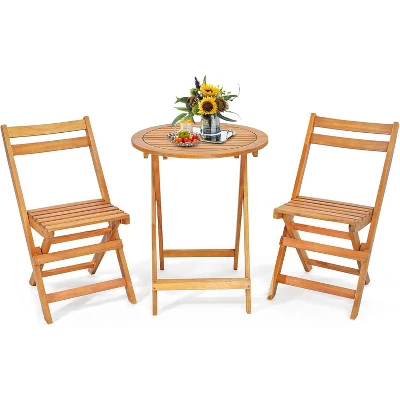 Tangkula 3PCS Folding Bistro Set Solid Acacia Wood Table & Chairs Slatted Tabletop Patio 9 Tangkula 3PCS Folding Bistro Set Solid Acacia Wood Table & Chairs Slatted Tabletop Patio - Image 9