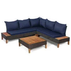Tangkula 4PCS Acacia Wood Patio Furniture Set Rattan Conversation Set W/ Navy Cushions -Tangkula Shop GUEST 3b5b1105 7de3 427a a349 d101e858ec58