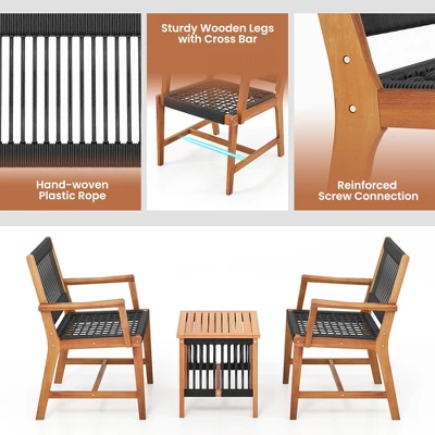 Tangkula 3 PCS Solid Acacia Wood Patio Set All-Weather Rope Woven Chair Garden Poolside 7 Tangkula 3 PCS Solid Acacia Wood Patio Set All-Weather Rope Woven Chair Garden Poolside - Image 7