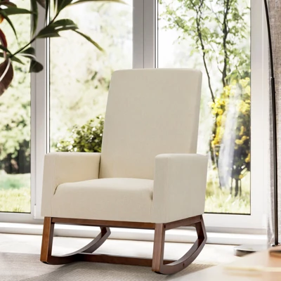 Tangkula Mid Century Rocking Chair Comfortable Rocker Modern High Back Armchair Beige 2 Tangkula Mid Century Rocking Chair Comfortable Rocker Modern High Back Armchair Beige - Image 2