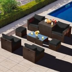 Tangkula 8PCS Patio Rattan PE Wicker Conversation Set All-Weather Furniture Set W/ Cushions