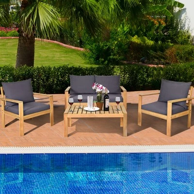 Tangkula 4-Piece Outdoor Acacia Wood Conversation Set with Plush Grey Cushions 2 Tangkula 4-Piece Outdoor Acacia Wood Conversation Set with Plush Grey Cushions - Image 2