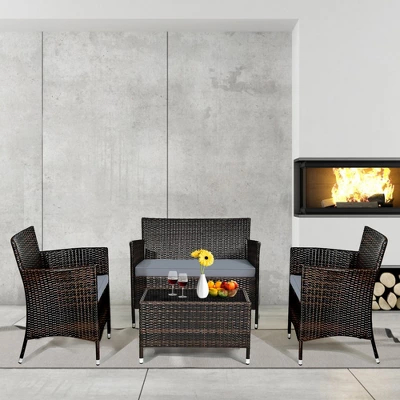 Tangkula 4-Piece Outdoor Rattan Conversation Set with Cushions & Glass Coffee Table 1 Tangkula 4-Piece Outdoor Rattan Conversation Set with Cushions & Glass Coffee Table