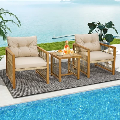 Tangkula 3PCS Patio Acacia Wood PE Wicker Furniture Set W/ Soft Seat & Back Cushions 1 Tangkula 3PCS Patio Acacia Wood PE Wicker Furniture Set W/ Soft Seat & Back Cushions