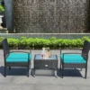 Tangkula 3 PCS Patio Wicker Rattan Furniture Set Coffee Table & 2 Rattan Chair W/ Cushion Turquoise
