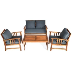 Tangkula 4pcs Wooden Patio Furniture Set Table & Sectional Sofa Garden