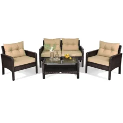 Tangkula 4-Piece Rattan Wicker Patio Furniture Set with Loveseat and Storage Coffee Table