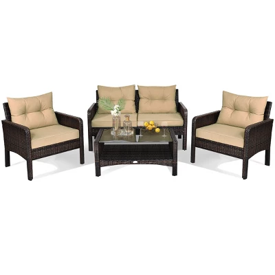 Tangkula 4-Piece Rattan Wicker Patio Furniture Set with Loveseat and Storage Coffee Table 1 Tangkula 4-Piece Rattan Wicker Patio Furniture Set with Loveseat and Storage Coffee Table