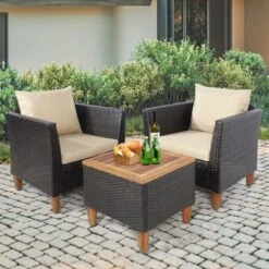 Tangkula 3-Piece Outdoor Rattan Furniture Set with Acacia Wood Table & Cushions
