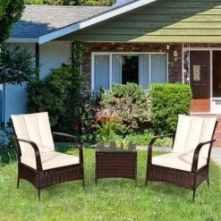 Tangkula 3-Piece Outdoor Rattan Conversation Set with Cushions and Coffee Table