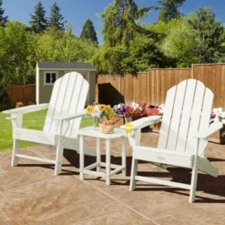 Tangkula 3-Piece Adirondack Chair Set with Side Table & Cup Holder - White