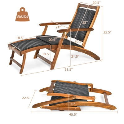 Tangkula 2-Piece Patio Folding Rattan Chaise Lounge Chair Set with Acacia Wood Frame 2 Tangkula 2-Piece Patio Folding Rattan Chaise Lounge Chair Set with Acacia Wood Frame - Image 2