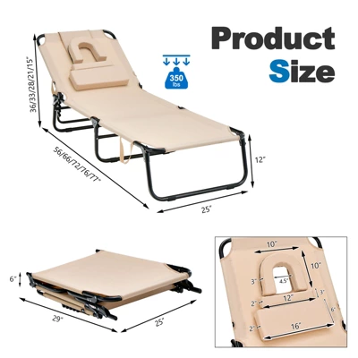 Tangkula Outdoor Folding Beach Chaise Lounge Chair - Adjustable 5-Position Recliner 2 Tangkula Outdoor Folding Beach Chaise Lounge Chair - Adjustable 5-Position Recliner - Image 2