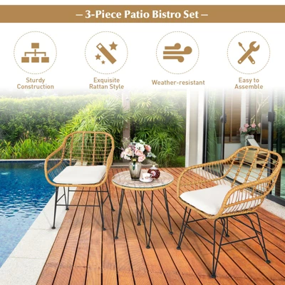 Tangkula 3 Pieces Patio Furniture Set W/Tempered Glass Coffee Table Set For Garden And Backyard White/Red/Turquoise/Grey/Black Cushions 6 Tangkula 3 Pieces Patio Furniture Set W/Tempered Glass Coffee Table Set For Garden And Backyard White/Red/Turquoise/Grey/Black Cushions - Image 6