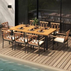 Tangkula 9 PCS Patio Dining Set Acacia Wood Table W/ Soft Cushions And 1.9" Umbrella Hole
