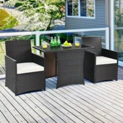 Tangkula 3-Piece Patio Rattan Dining Set: Space-Saving Bistro Set with Cushions