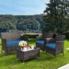 Tangkula 4-Piece Outdoor Rattan Conversation Set with Peacock Blue Cushions
