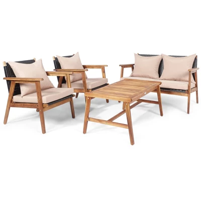 Tangkula 4-Piece Outdoor Rattan Conversation Set with Acacia Wood Frame 10 Tangkula 4-Piece Outdoor Rattan Conversation Set with Acacia Wood Frame - Image 10