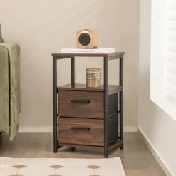 Tangkula Nightstand Bedside End Table With 2 Fabric Drawers Storage Shelf For Living Room