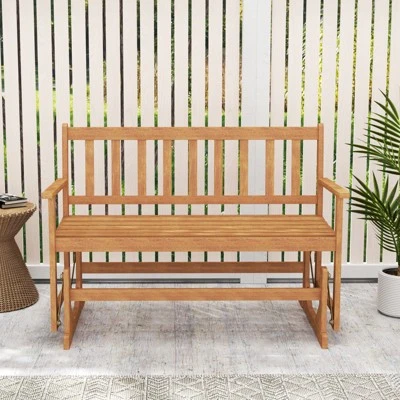 Tangkula 2 Person Patio Glider Bench Solid Acacia Wood Porch Glider Chair W/ Seat 3 Tangkula 2 Person Patio Glider Bench Solid Acacia Wood Porch Glider Chair W/ Seat - Image 3