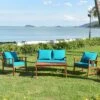 Tangkula 8pcs Wooden Patio Furniture Set Table & Sectional Sofa W/ Turquoise Cushion
