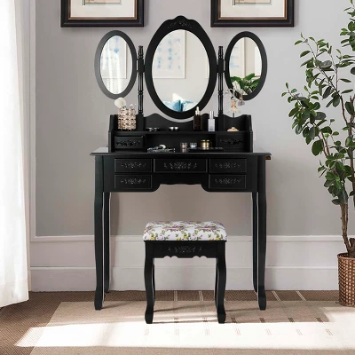 Tangkula Tri-Folding Mirror Vanity Makeup Set Dressing Table & Stool Unit W/ 7 Drawer 1 Tangkula Tri-Folding Mirror Vanity Makeup Set Dressing Table & Stool Unit W/ 7 Drawer