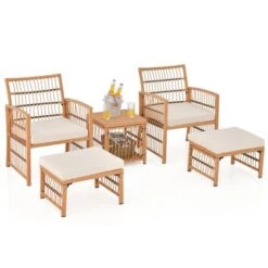 Tangkula 5 Piece Patio Wicker Sofa Set Outdoor Rattan Conversation Set With Seat Cushions 2-Tier Coffee Table & 2 Ottomans