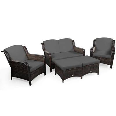 Tangkula 5-Piece Rattan Patio Conversation Set - Outdoor Wicker Sofa with Grey Cushions 4 Tangkula 5-Piece Rattan Patio Conversation Set - Outdoor Wicker Sofa with Grey Cushions - Image 4