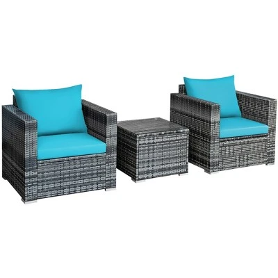 Tangkula 3PCS Rattan Patio Conversation Furniture Set Outdoor Yard W/ Turquoise Cushion 9 Tangkula 3PCS Rattan Patio Conversation Furniture Set Outdoor Yard W/ Turquoise Cushion - Image 9